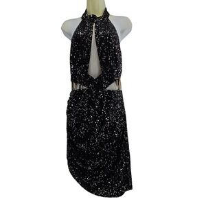 Sparkle Black Sequin Showgirl Halter Mini Dress XL Glam Holiday Party Mardi Gras